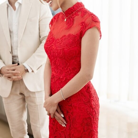 Custom Made Chinese Qipao Wedding Cheongsam Red Lace Beaded Full-length Dress - Picture 10 of 13